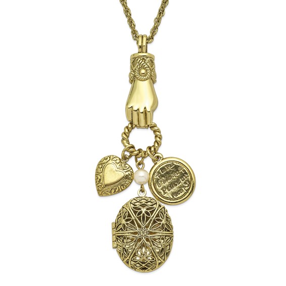 1928 Jewelry Brass-tone Hand Holding Oval 28mm Locket  and Polished Heart and Peace Charm 30 inch Necklace Holds 2 Photos