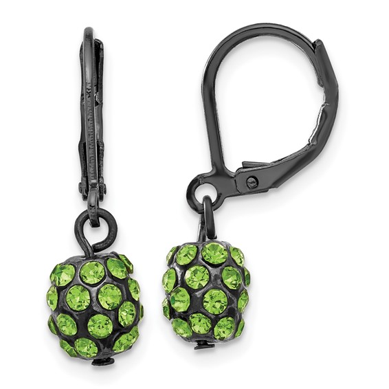 1928 Black-plated Green Glass Stone Ball Leverback Earrings