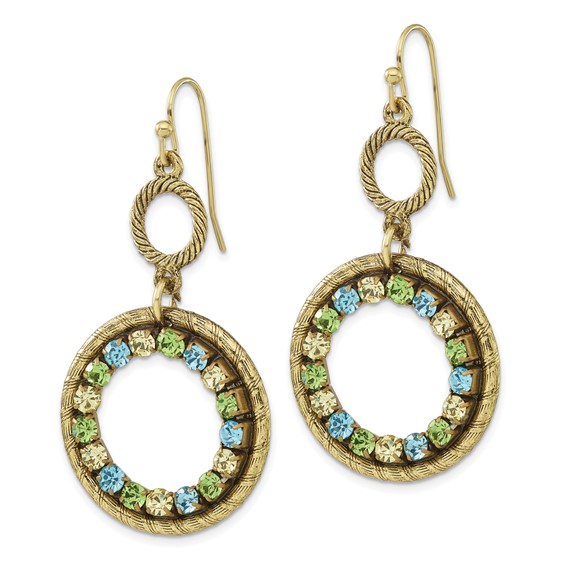 1928 Jewelry Brass-tone Textured Frame Blue Green and Light Colorado Crystal Double Circle Dangle Earrings