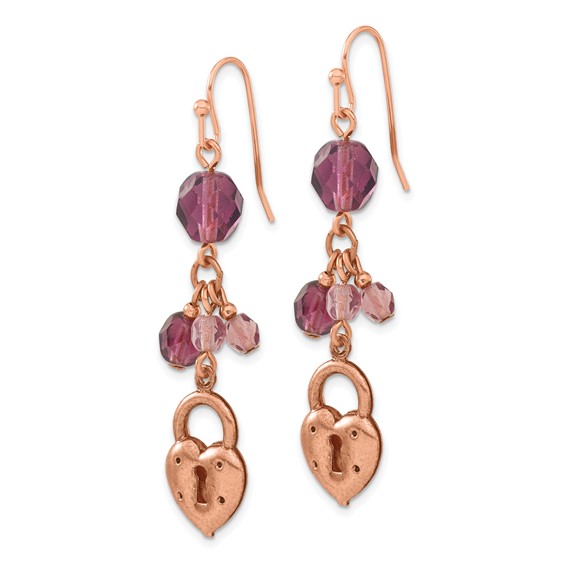 1928 Copper-tone Heart & Lock with Purple Crystals Earrings