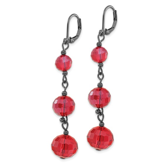 1928 Jewerly Black-plated Graduated Red Faceted Glass Beads Dangle Leverback Earrings