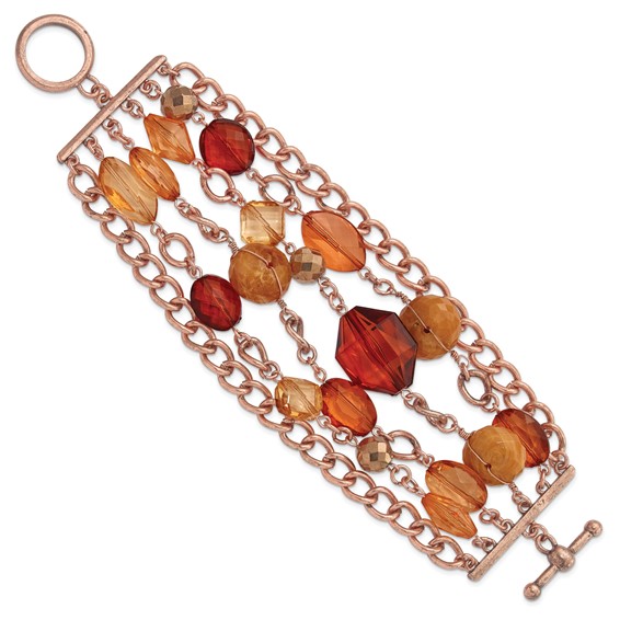 1928 Jewelry Copper-tone Link and Multicolored Brownand Orange Faceted Acrylic Beads Wide Six Row 8 inch Toggle Bracelet