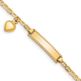 14k Polished Solid Chain/Solid Plate Heart Dangle Anchor Link 20x5mm Plate 5.5 inch Baby/Child ID Bracelet
