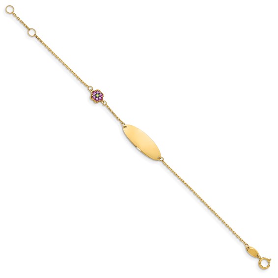 14K Polished Purple Enamel Flower and 20x7mm Plate 5.5 inch Baby/Child ID Bracelet with 0.5 inch Extender