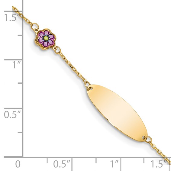 14K Polished Purple Enamel Flower and 20x7mm Plate 5.5 inch Baby/Child ID Bracelet with 0.5 inch Extender