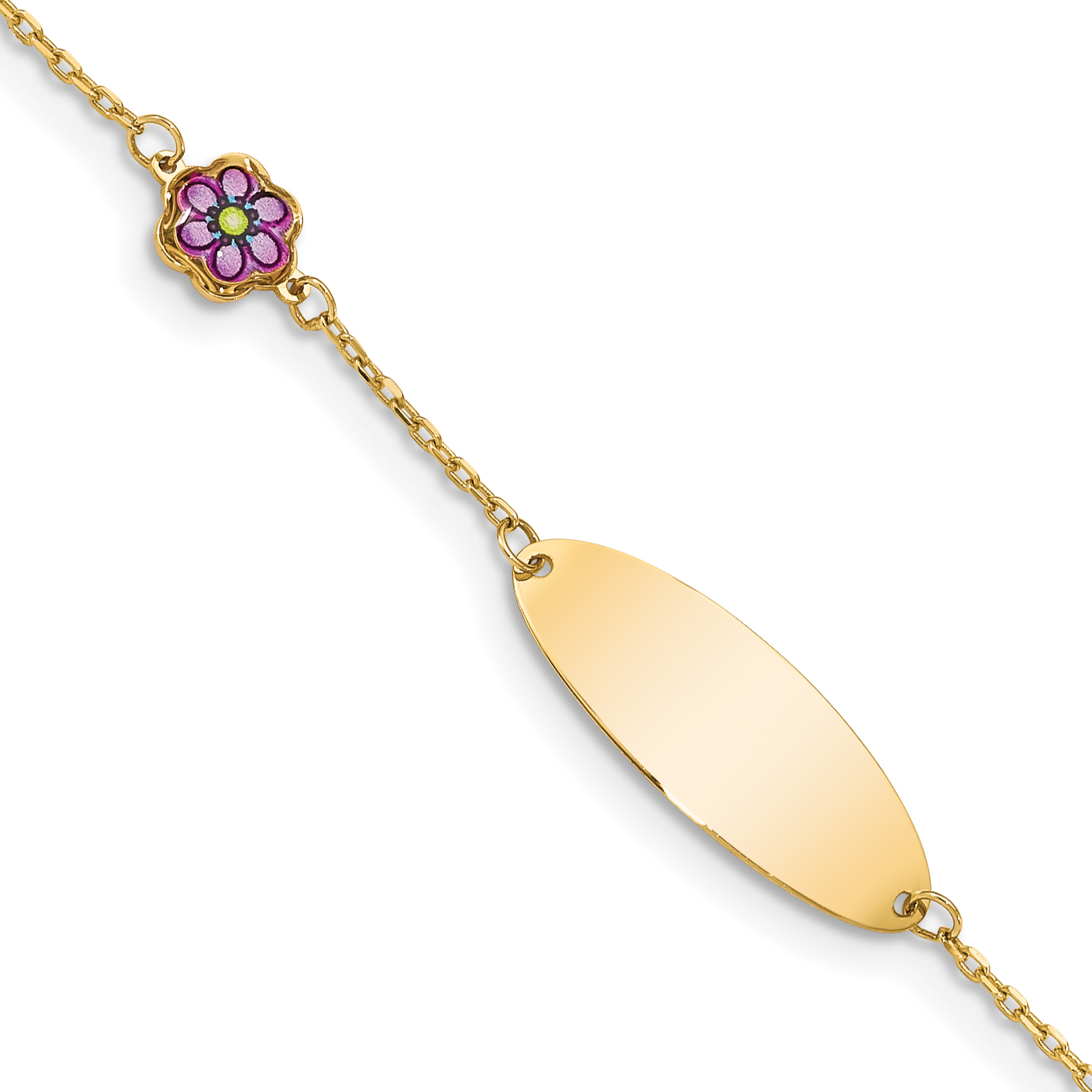 14K Polished Purple Enamel Flower and 20x7mm Plate 5.5 inch Baby/Child ID Bracelet with 0.5 inch Extender (BID105-5.5)