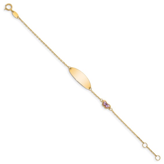 14K Polished Purple Enamel Butterfly and 20x7mm Plate 6 inch  Baby/Child ID Bracelet with 0.5 inch Extender