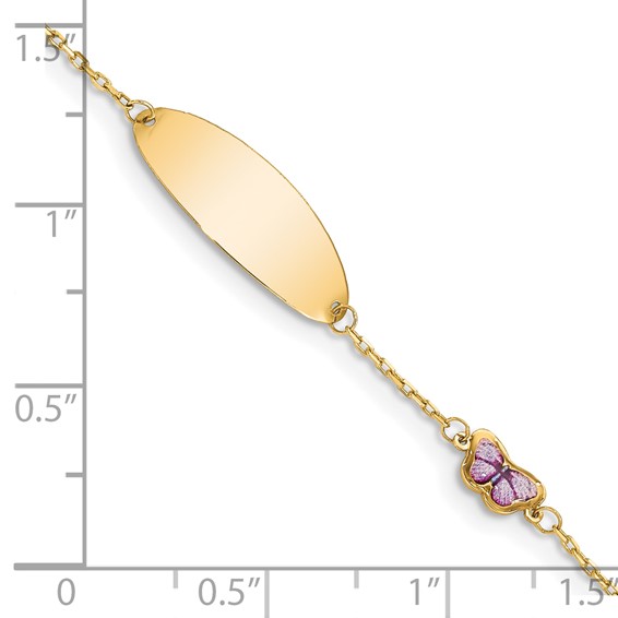 14K Polished Purple Enamel Butterfly and 20x7mm Plate 6 inch  Baby/Child ID Bracelet with 0.5 inch Extender