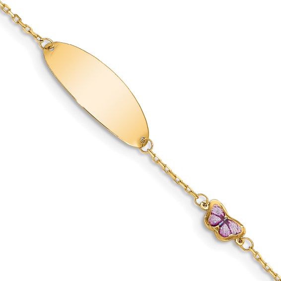 14K Polished Purple Enamel Butterfly and 20x7mm Plate 6 inch  Baby/Child ID Bracelet with 0.5 inch Extender
