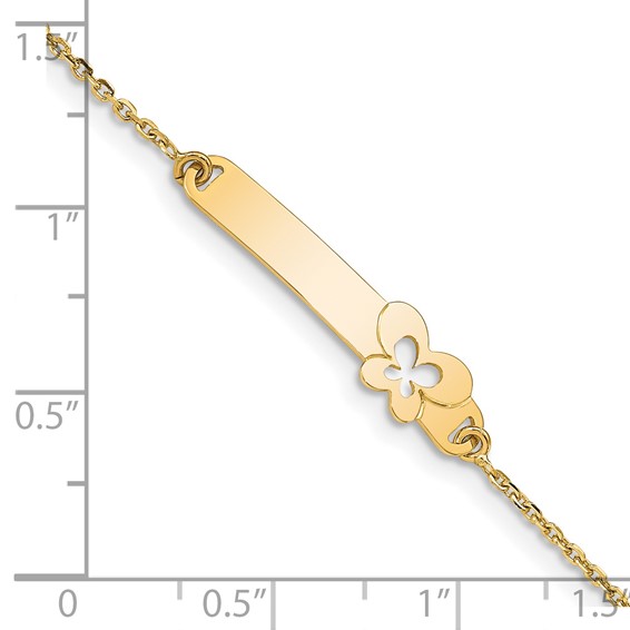 14K Polished Solid Chain/Solid Plate Butterfly 27.5x6.5mm Plate 5.5 inch Baby/Child ID Bracelet with 1 inch Extender