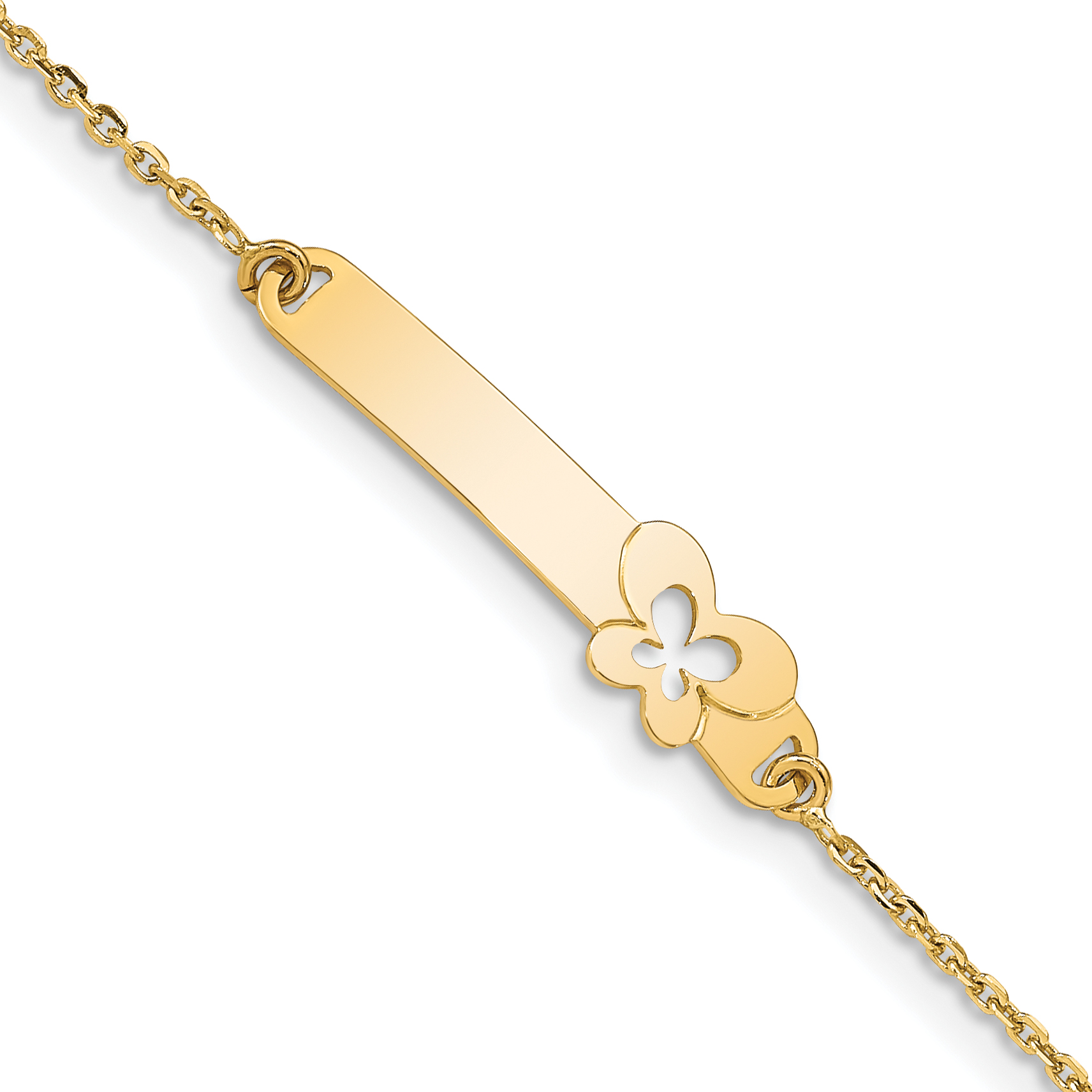 14K Polished Solid Chain/Solid Plate Butterfly 27.5x6.5mm Plate 5.5 inch Baby/Child ID Bracelet with 1 inch Extender (BID111-5.5)