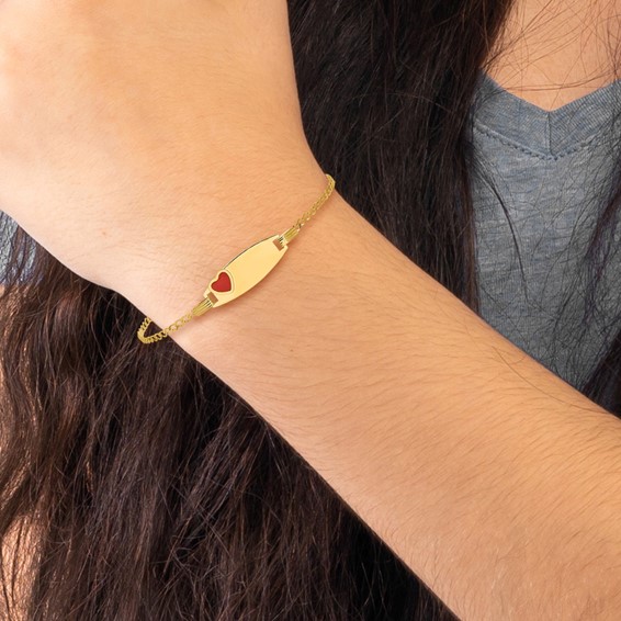14k Polished Red Enameled Heart on 18x5mm Plate 5.5 inch Baby/Child ID Bracelet