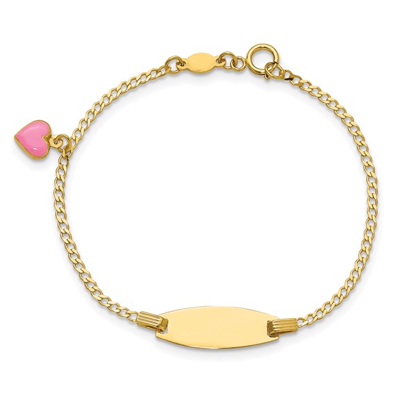 14k Polished Pink Enameled Puffed Heart and 18x5mm Plate 5.5 inch Baby/Child ID Bracelet
