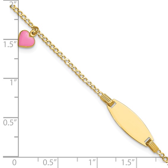 14k Polished Pink Enameled Puffed Heart and 18x5mm Plate 5.5 inch Baby/Child ID Bracelet