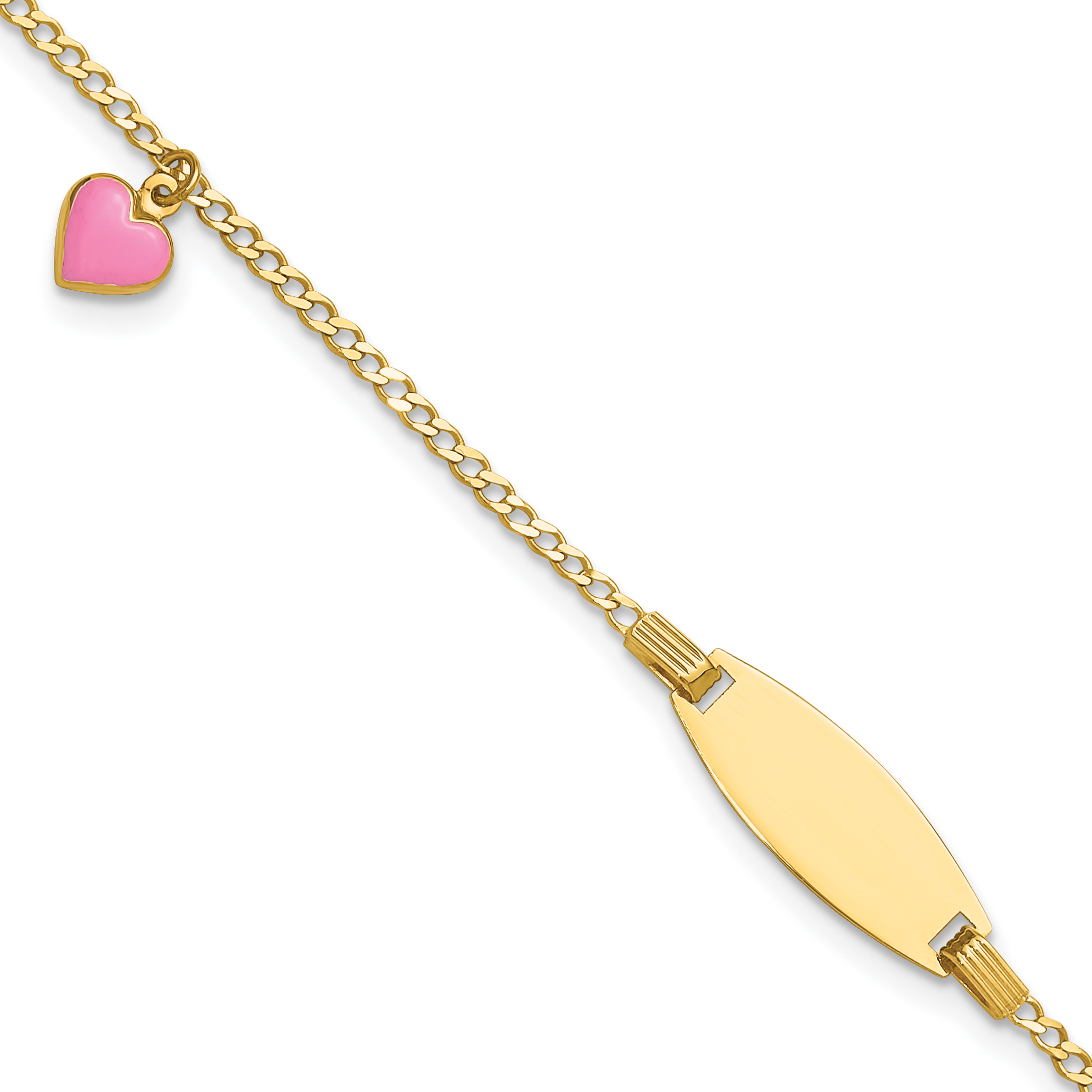 14k Polished Pink Enameled Puffed Heart and 18x5mm Plate 5.5 inch Baby/Child ID Bracelet (BID125-5.5)