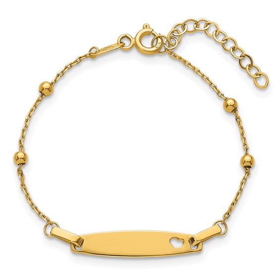 14K Polished Beaded Cut-out Heart 24x4.7mm Plate 5 inch Baby/Child ID Bracelet with 1 inch Extender
