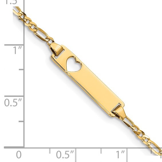 14k Polished Solid Chain/Solid Plate Figaro Link Cut-out Heart 21.4x5.4mm  Plate 5.5 inch Baby/Child ID Bracelet