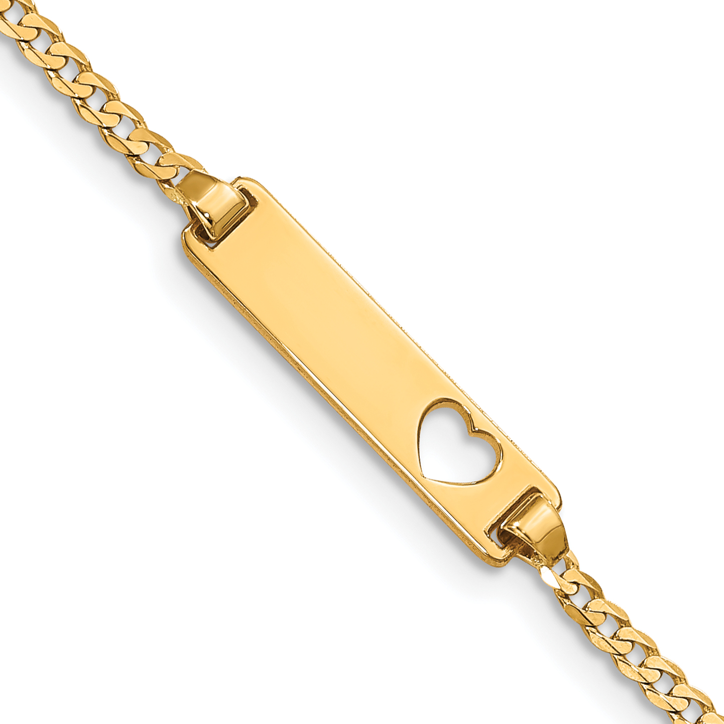 14k Polished Solid Chain/Solid Plate Curb Link Cut-out Heart 21x5mm Plate 6 inch Baby/Child ID Bracelet (BID27-6)