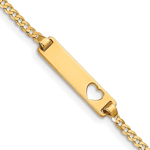 14K Yellow Gold Polished Solid Chain Solid Plate Curb Link Cut-out Heart 21x 5mm Plate ID Bracelet, 5.5"