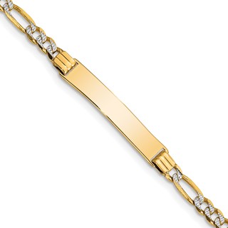 14k with Rhodium Polished Solid Chain/Solid Plate Pavé Figaro Link 26x5mm Plate 6 inch Baby/Child ID Bracelet