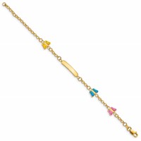 14K Yellow Gold Polished Pink Blue Yellow Enamel Butterflies and 18x 3mm Plate Bracelet with 0.5 Inch Extender ID, 6" view 2