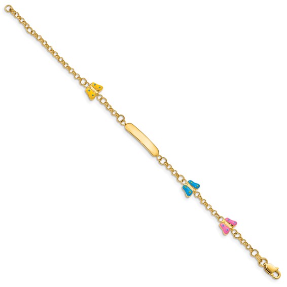 14k Polished Pink/Blue/Yellow Enamel Butterflies and 18x3mm Plate 6 inch Baby/Child ID Bracelet with 0.5 inch Extender