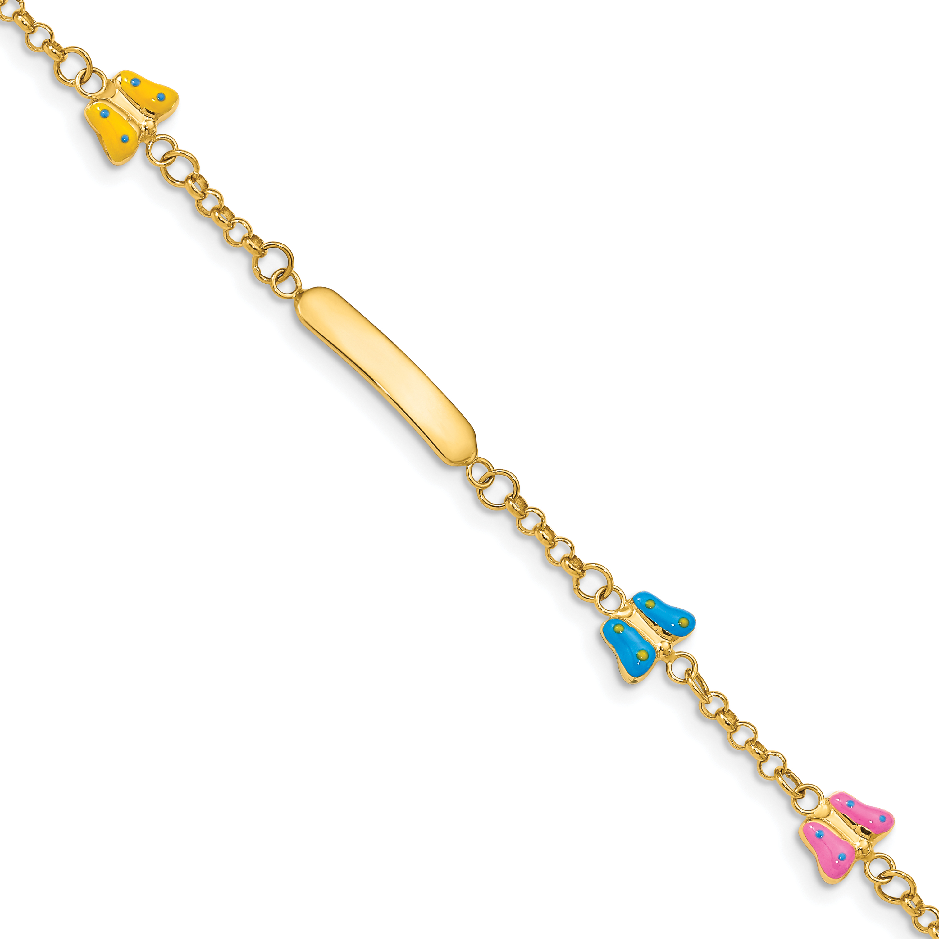 14k Polished Pink/Blue/Yellow Enamel Butterflies and 18x3mm Plate 6 inch Baby/Child ID Bracelet with 0.5 inch Extender (BID59-6)