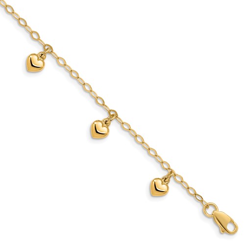 14K Yellow Gold Puffed Heart Charm Bracelet, 6"