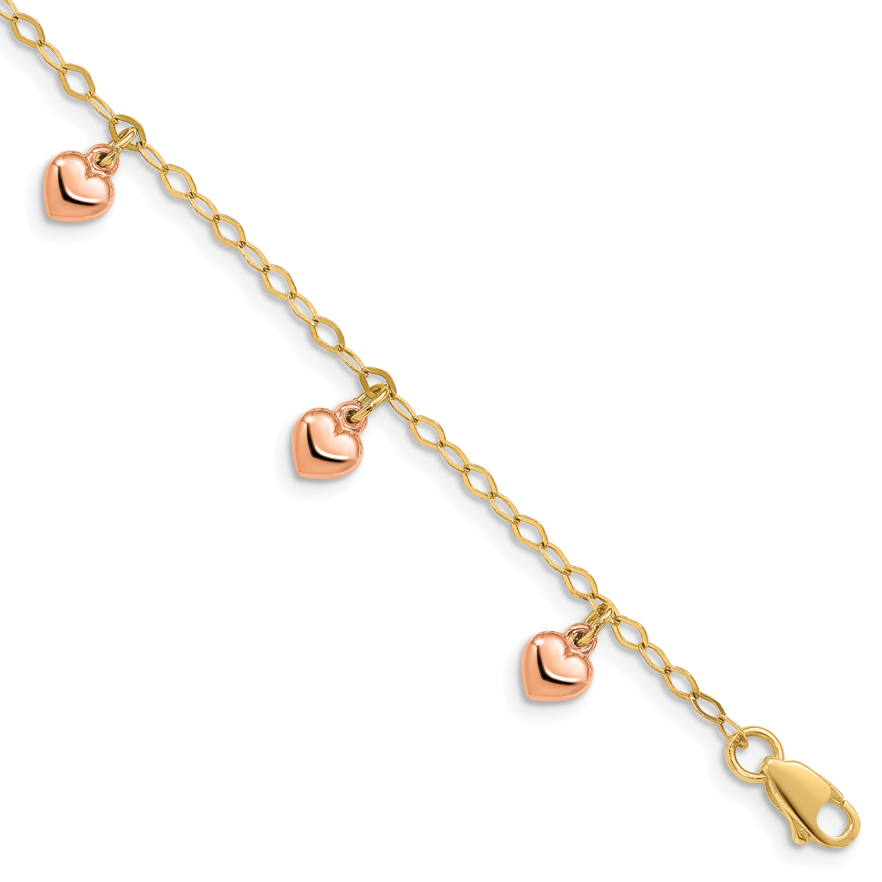 14K Yellow Gold with Rose Gold Hearts Child's Puffed Heart Charm Bracelet (BID83TT-6)