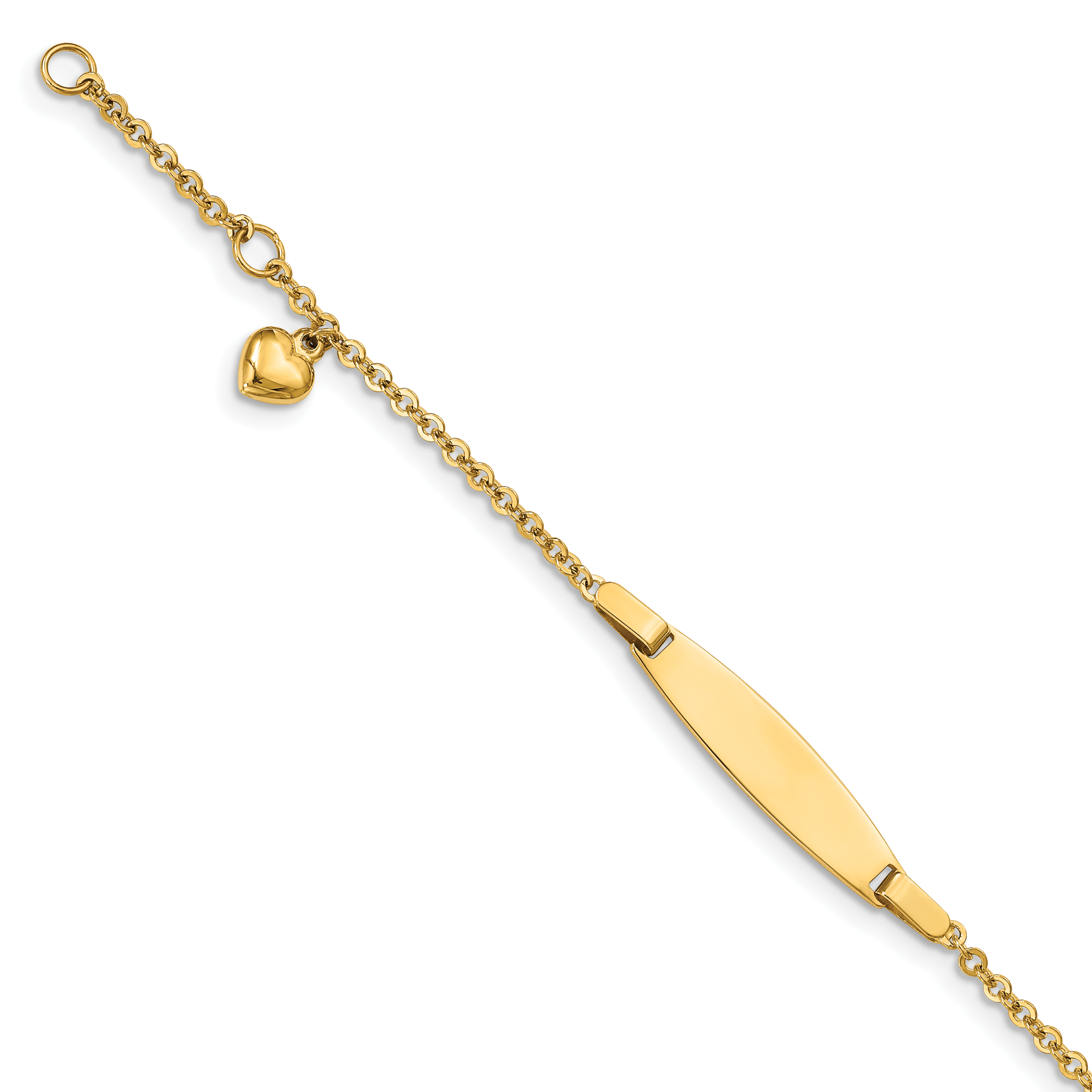 14k Polished Solid Chain/Solid Plate Heart Dangle 20x6mm Plate 4.5 inch Baby/Child ID Bracelet with 0.5 inch Extender (BID87-4.5)