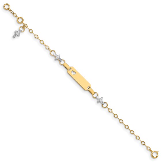 14k Two-tone Polished Textured Cross and Cut-out Heart 18x5mm Plate 4.5 inch Baby/Child ID Bracelet with 1 inch Extender