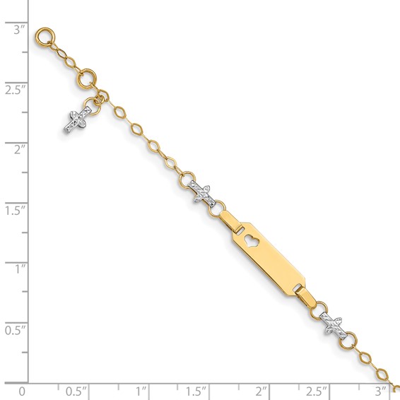 14k Two-tone Polished Textured Cross and Cut-out Heart 18x5mm Plate 4.5 inch Baby/Child ID Bracelet with 1 inch Extender