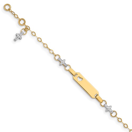 14K Two-tone Polished Textured Cross and Cut-out Heart 18x 5mm Plate Bracelet with 1 Inch Extender ID, 4.5"