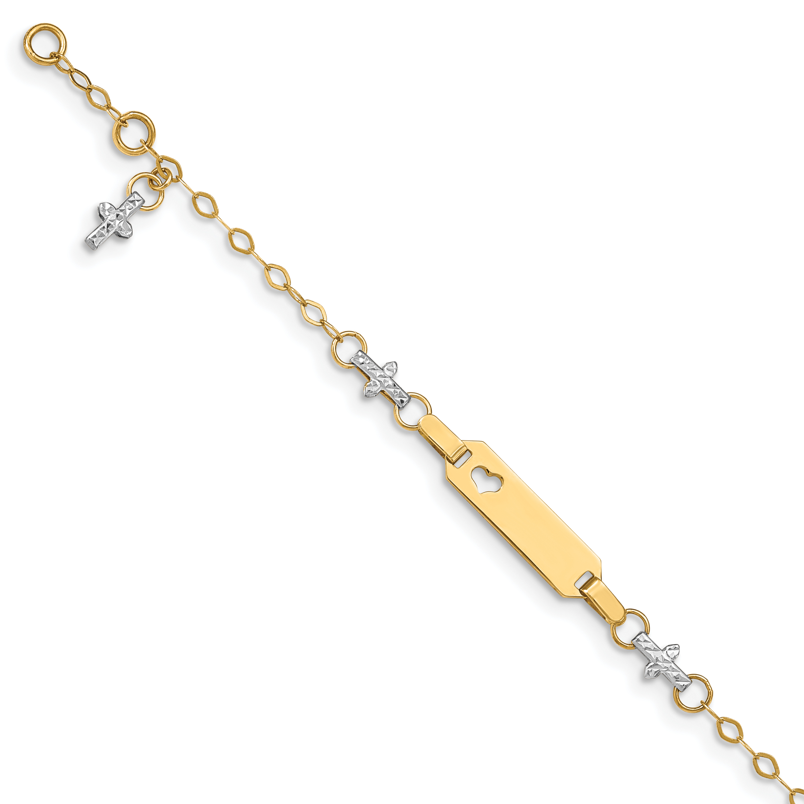 14k Two-tone Polished Textured Cross and Cut-out Heart 18x5mm Plate 6 inch Baby/Child ID Bracelet with 1 inch Extender (BID88-6)