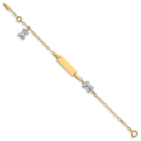 14k Two-tone Polished Teddy Bears and 18x5mm Plate 5.5 inch Baby/Child ID Bracelet with 0.5 inch Extender