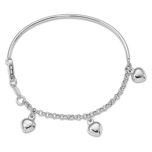 14K White Gold Polished Dangle Heart Bracelet, 6"
