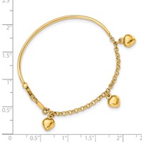 14K Yellow Gold Polished Dangle Heart Bracelet, 6" view 2