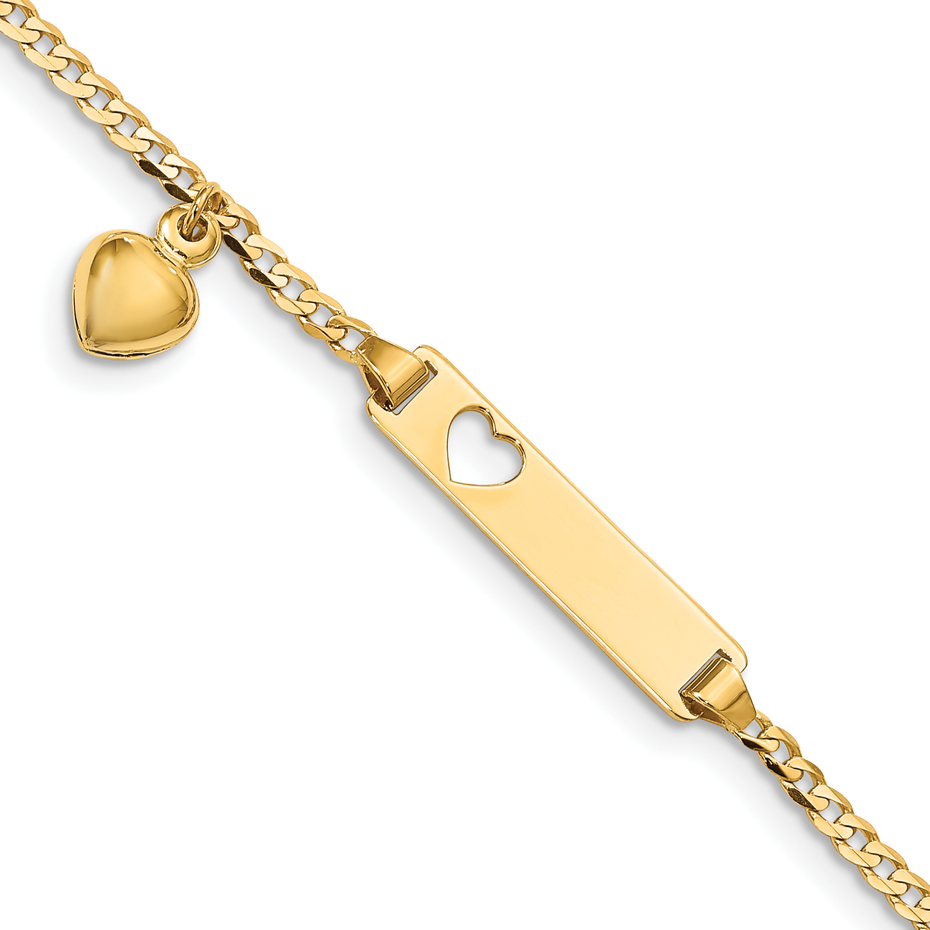 14k Polished Solid Chain/Solid Plate Cut-out Heart with Heart Dangle Curb Link 21x5mm Plate 6 inch Baby/Child ID Bracelet (BID96-6)