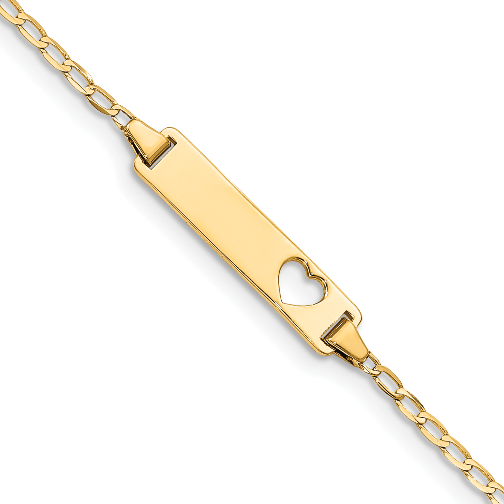 14k Polished Solid Chain/Solid Plate Flat Curb Link Cut-out Heart 20x5mm Plate 6 inch Baby/Child ID Bracelet (BID97-6)