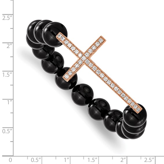 Belle Amore Ss Rose Cz Cross & Polish Agate Stretch Bracelet