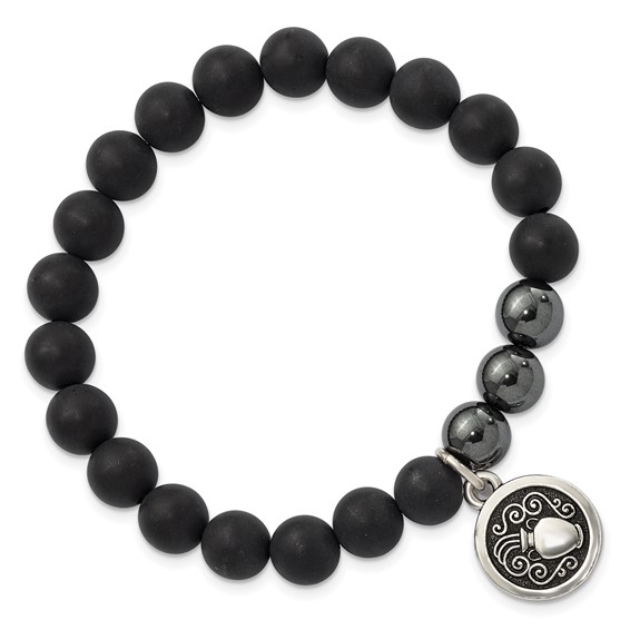 Silver-tone Matte Black Agate & Pyrite Aquarius Beaded Stretch Bracelet