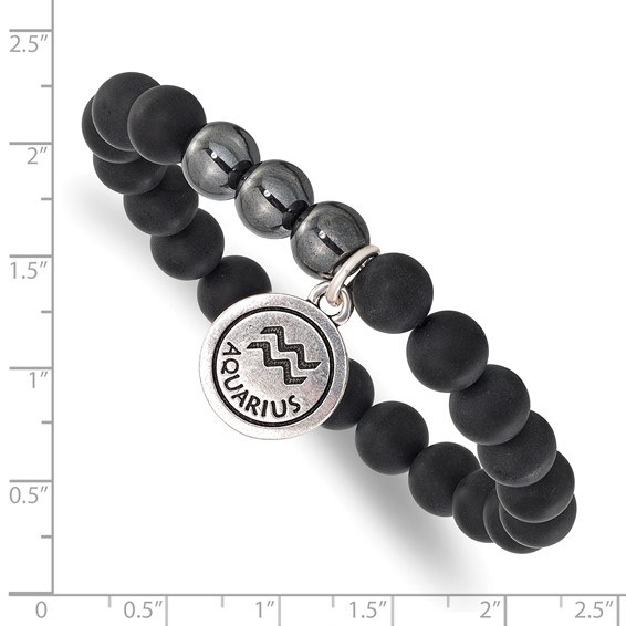 Silver-tone Matte Black Agate & Pyrite Aquarius Beaded Stretch Bracelet