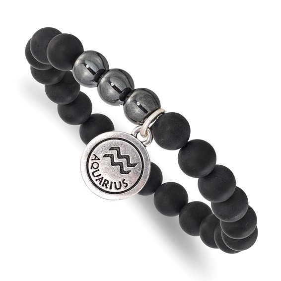 Silver-tone Matte Black Agate & Pyrite Aquarius Beaded Stretch Bracelet