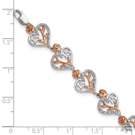 14K White and Rose Gold Complete 1/3 carat Diamond 15 and Rose Quinceanera Heart 7 inch Bracelet