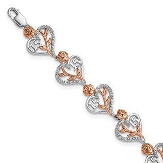 14K White and Rose Gold Complete 1/3 carat Diamond 15 and Rose Quinceanera Heart 7 inch Bracelet