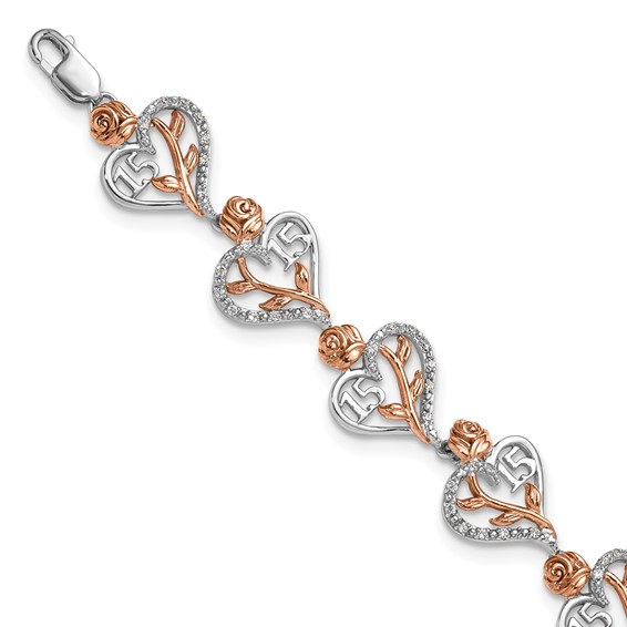 14K White and Rose Gold Complete 1/3 carat Diamond 15 and Rose Quinceanera Heart 7 inch Bracelet