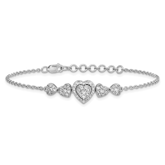 14K White Gold Polished Complete 5/8 carat Diamond Hearts 7 inch Bracelet with 1 inch Extender