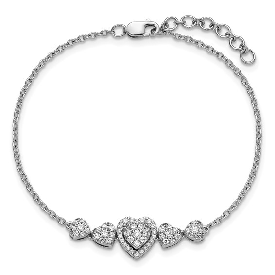 14K White Gold Polished Complete 5/8 carat Diamond Hearts 7 inch Bracelet with 1 inch Extender