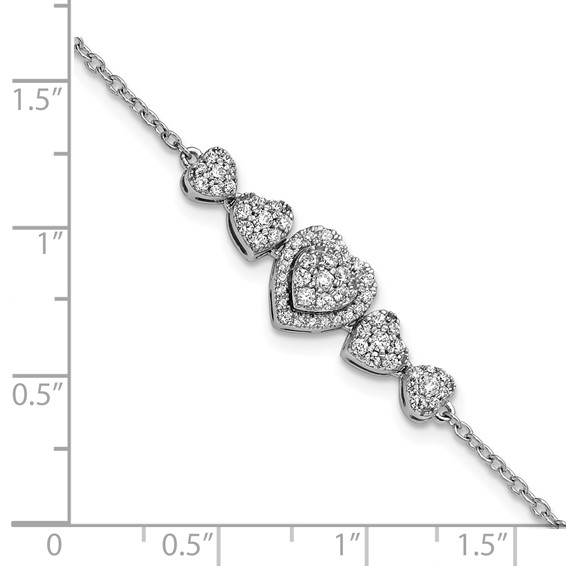 14K White Gold Polished Complete 5/8 carat Diamond Hearts 7 inch Bracelet with 1 inch Extender