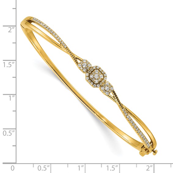 14K Polished and Textured Complete 1/2 carat Diamond Fashion Hinged Oval Bangle Bracelet